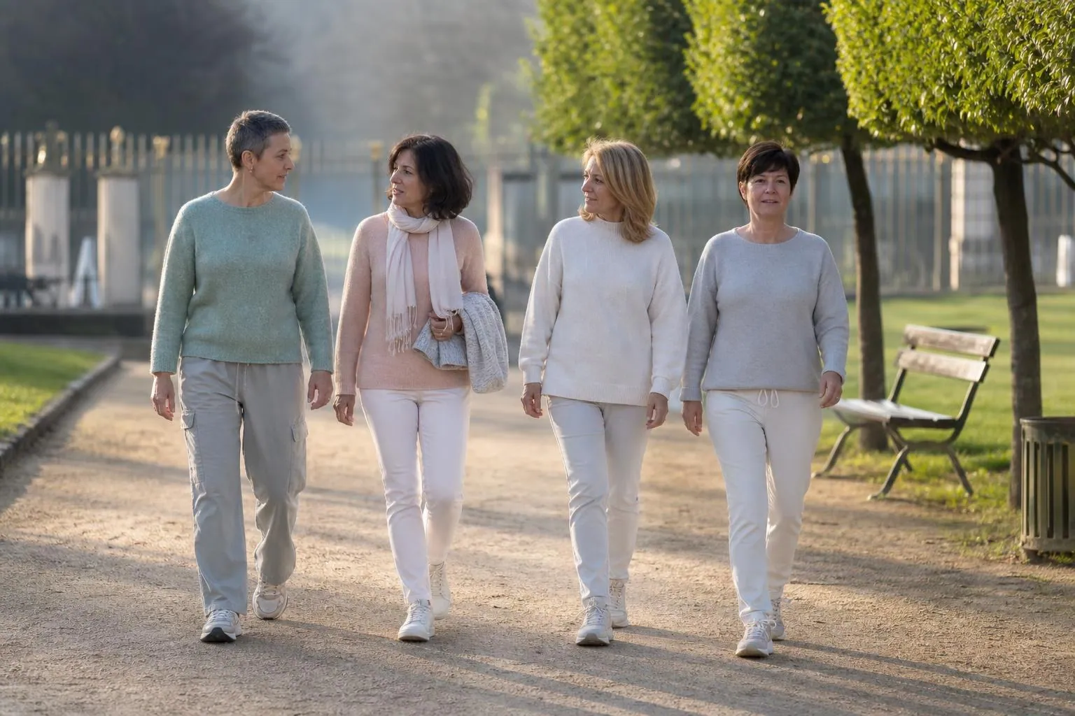 Quatre femmes de quarante à soixante ans marchant côte à côte dans une allée de parc urbain français, un matin clair