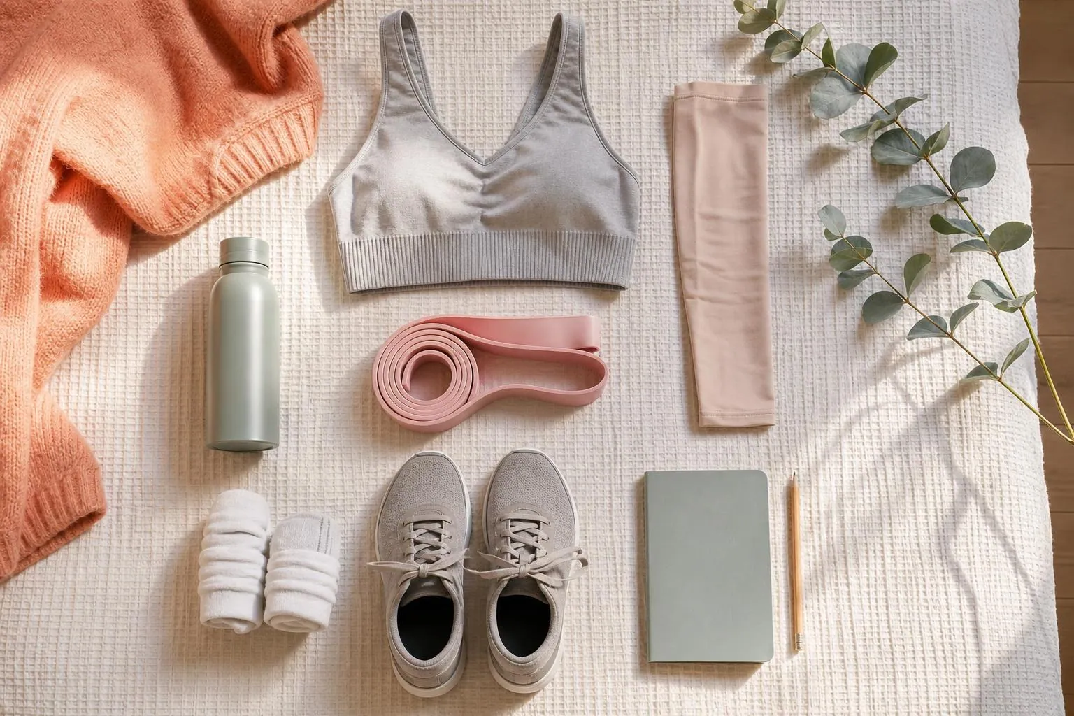 Matériel de reprise disposé sur un lit clair: brassière de sport, manchon de compression, élastique, chaussures de marche et gourde