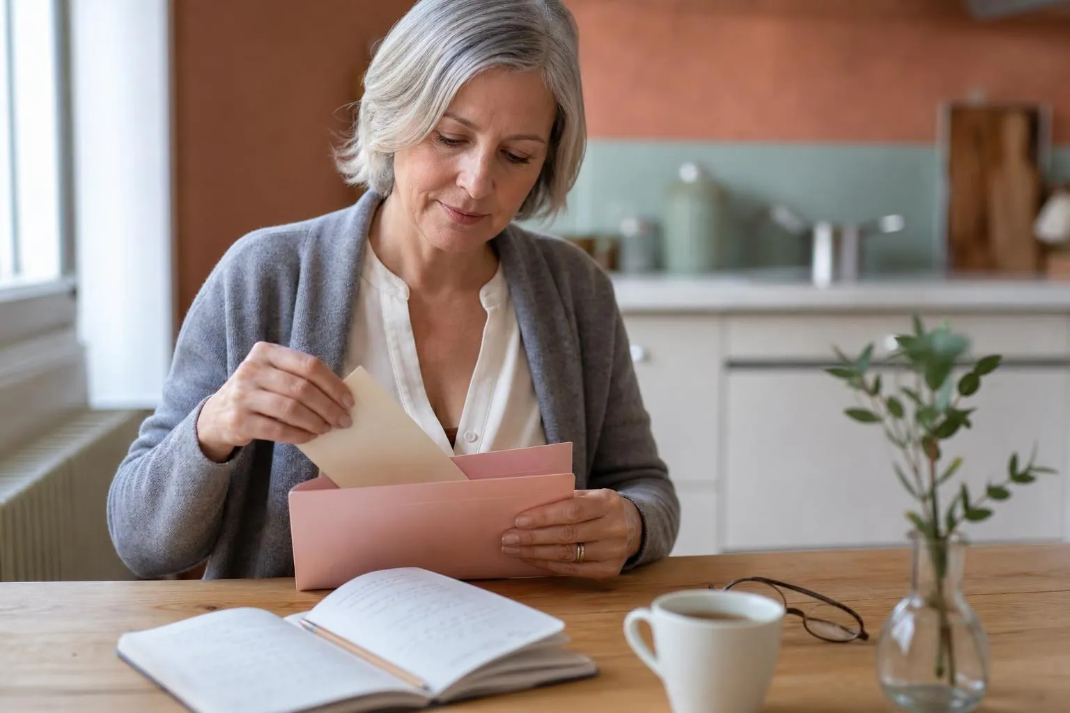 Femme d’une cinquantaine d’années assise à sa table de cuisine, classant des documents dans une pochette avant un rendez-vous