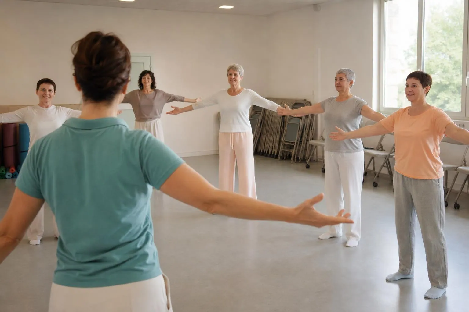 Cinq femmes de quarante à soixante ans debout en demi-cercle dans une salle associative claire, bras ouverts pendant un exercice