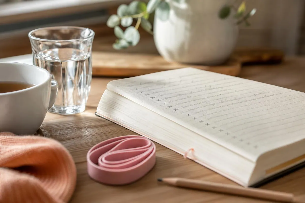 Gros plan d’un cahier de suivi ouvert sur une table en bois clair, avec un élastique de résistance rose pâle et un crayon