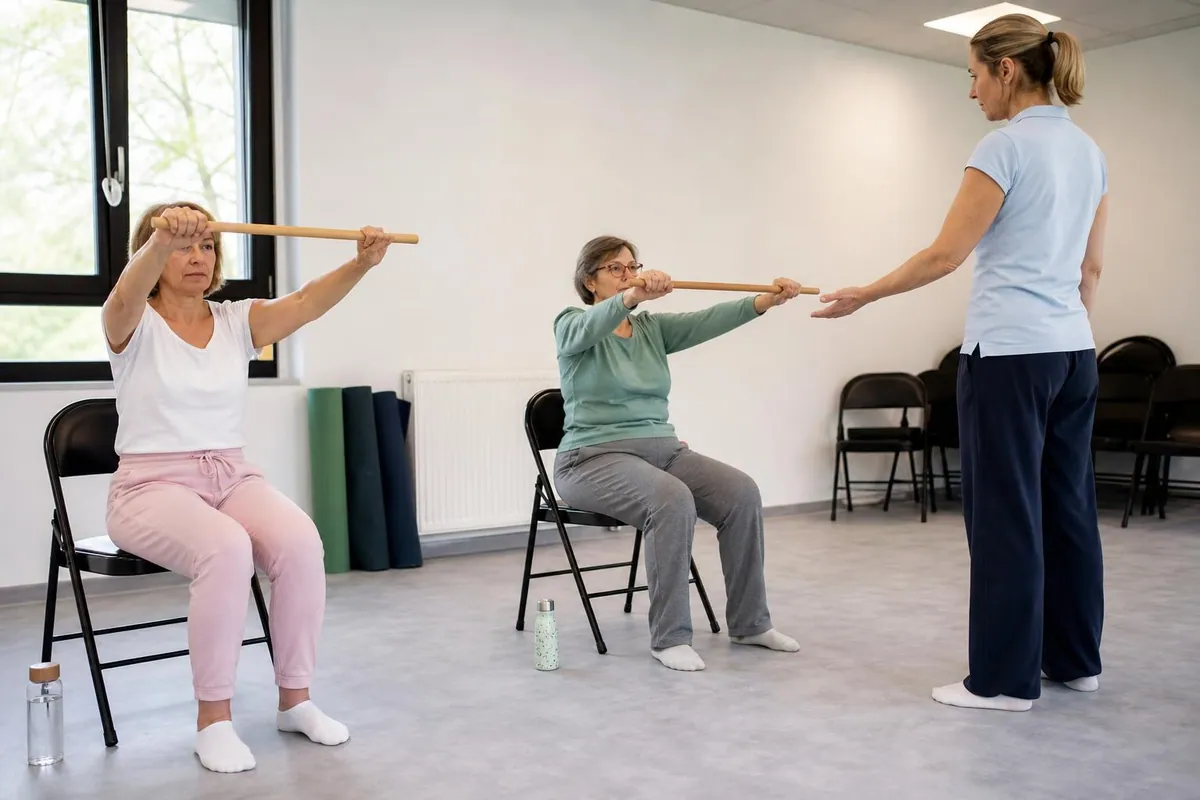 Enseignante en activité physique adaptée guidant deux femmes assises sur des chaises lors d’une séance de mobilité en salle associative
